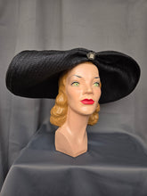 Load image into Gallery viewer, 1940s MEGA Black Raffia/Straw Halo Hat With Rhinestones
