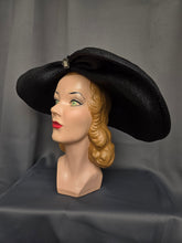 Load image into Gallery viewer, 1940s MEGA Black Raffia/Straw Halo Hat With Rhinestones

