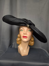 Load image into Gallery viewer, 1940s MEGA Black Raffia/Straw Halo Hat With Rhinestones
