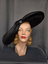 Load image into Gallery viewer, 1940s MEGA Black Raffia/Straw Halo Hat With Rhinestones
