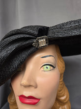 Load image into Gallery viewer, 1940s MEGA Black Raffia/Straw Halo Hat With Rhinestones
