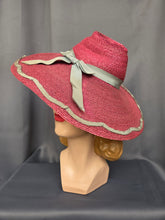 Load image into Gallery viewer, 1940s Dark Dusky Pink and Duck Egg Blue Huge Fedora Straw/Raffia Hat
