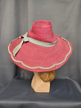 Load image into Gallery viewer, 1940s Dark Dusky Pink and Duck Egg Blue Huge Fedora Straw/Raffia Hat
