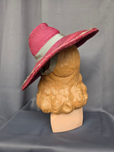 Load image into Gallery viewer, 1940s Dark Dusky Pink and Duck Egg Blue Huge Fedora Straw/Raffia Hat
