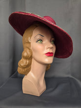Load image into Gallery viewer, 1940s Dark Dusky Pink and Duck Egg Blue Huge Fedora Straw/Raffia Hat
