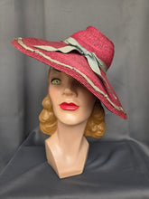 Load image into Gallery viewer, 1940s Dark Dusky Pink and Duck Egg Blue Huge Fedora Straw/Raffia Hat
