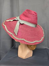 Load image into Gallery viewer, 1940s Dark Dusky Pink and Duck Egg Blue Huge Fedora Straw/Raffia Hat
