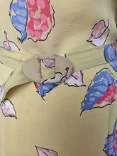 Load image into Gallery viewer, 1940s Acid Yellow, Black, White, Beige, Pink and Blue Novelty Print Leaf Dress
