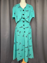 Load image into Gallery viewer, 1940s Turquoise Blue Elephant Print Sun Dress and Bolero Set
