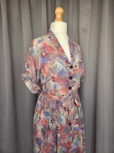 Load image into Gallery viewer, 1940s Pink, Blue and Green Mottled Hawaiian Leaf Print Dress
