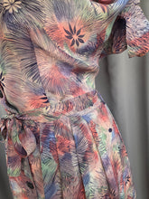 Load image into Gallery viewer, 1940s Pink, Blue and Green Mottled Hawaiian Leaf Print Dress
