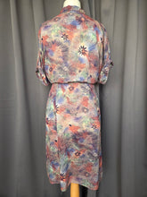 Load image into Gallery viewer, 1940s Pink, Blue and Green Mottled Hawaiian Leaf Print Dress

