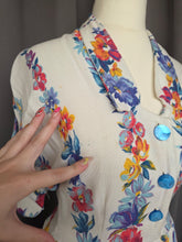 Load image into Gallery viewer, 1940s White Moygashel Dress With Multicoloured Flower Stripes
