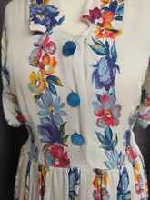 Load image into Gallery viewer, 1940s White Moygashel Dress With Multicoloured Flower Stripes
