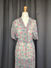 Load image into Gallery viewer, 1940s Sheer Grey Dress With Teal, Pink and White Spotty Print
