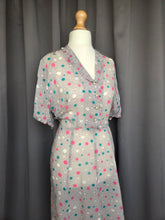 Load image into Gallery viewer, 1940s Sheer Grey Dress With Teal, Pink and White Spotty Print

