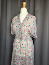 Load image into Gallery viewer, 1940s Sheer Grey Dress With Teal, Pink and White Spotty Print
