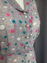Load image into Gallery viewer, 1940s Sheer Grey Dress With Teal, Pink and White Spotty Print

