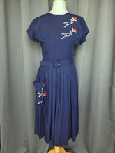 Load image into Gallery viewer, 1940s Royal Blue Pleated Dress With Red and White Flowers

