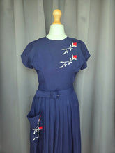 Load image into Gallery viewer, 1940s Royal Blue Pleated Dress With Red and White Flowers
