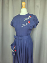 Load image into Gallery viewer, 1940s Royal Blue Pleated Dress With Red and White Flowers
