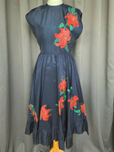 Load image into Gallery viewer, 1950s Hand Painted Navy Blue Dress With Tiered Skirt and Lily Pattern
