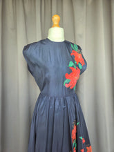 Load image into Gallery viewer, 1950s Hand Painted Navy Blue Dress With Tiered Skirt and Lily Pattern
