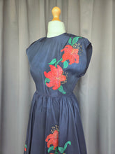Load image into Gallery viewer, 1950s Hand Painted Navy Blue Dress With Tiered Skirt and Lily Pattern
