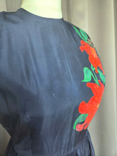 Load image into Gallery viewer, 1950s Hand Painted Navy Blue Dress With Tiered Skirt and Lily Pattern
