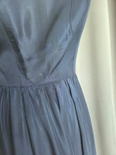 Load image into Gallery viewer, 1950s Hand Painted Navy Blue Dress With Tiered Skirt and Lily Pattern
