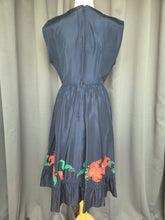 Load image into Gallery viewer, 1950s Hand Painted Navy Blue Dress With Tiered Skirt and Lily Pattern

