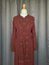 Load image into Gallery viewer, 1930s/1940s Brown Wool Crepe Green Beaded Dress
