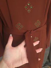 Load image into Gallery viewer, 1930s/1940s Brown Wool Crepe Green Beaded Dress
