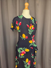 Load image into Gallery viewer, 1940s Navy Blue and Multicoloured Tulip Peplum Dress
