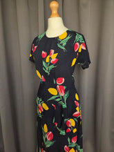 Load image into Gallery viewer, 1940s Navy Blue and Multicoloured Tulip Peplum Dress
