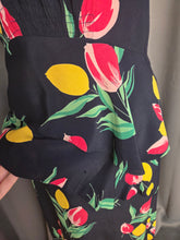 Load image into Gallery viewer, 1940s Navy Blue and Multicoloured Tulip Peplum Dress
