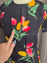 Load image into Gallery viewer, 1940s Navy Blue and Multicoloured Tulip Peplum Dress

