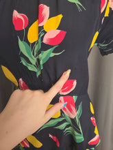 Load image into Gallery viewer, 1940s Navy Blue and Multicoloured Tulip Peplum Dress
