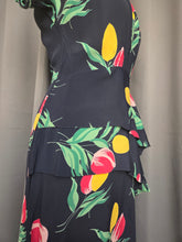 Load image into Gallery viewer, 1940s Navy Blue and Multicoloured Tulip Peplum Dress
