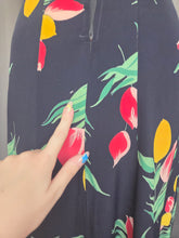 Load image into Gallery viewer, 1940s Navy Blue and Multicoloured Tulip Peplum Dress
