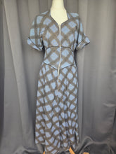 Load image into Gallery viewer, 1940s Blue, Black and Gold Seersucker Zip Front Long House Dress
