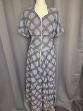 Load image into Gallery viewer, 1940s Blue, Black and Gold Seersucker Zip Front Long House Dress
