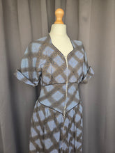 Load image into Gallery viewer, 1940s Blue, Black and Gold Seersucker Zip Front Long House Dress
