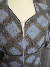 Load image into Gallery viewer, 1940s Blue, Black and Gold Seersucker Zip Front Long House Dress
