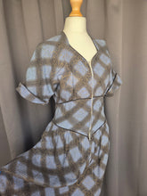 Load image into Gallery viewer, 1940s Blue, Black and Gold Seersucker Zip Front Long House Dress

