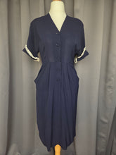 Load image into Gallery viewer, 1940s Navy Blue Crepe Dress With Lace Sleeves
