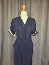 Load image into Gallery viewer, 1940s Navy Blue Crepe Dress With Lace Sleeves
