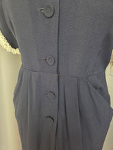 Load image into Gallery viewer, 1940s Navy Blue Crepe Dress With Lace Sleeves
