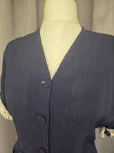 Load image into Gallery viewer, 1940s Navy Blue Crepe Dress With Lace Sleeves
