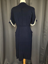 Load image into Gallery viewer, 1940s Navy Blue Crepe Dress With Lace Sleeves
